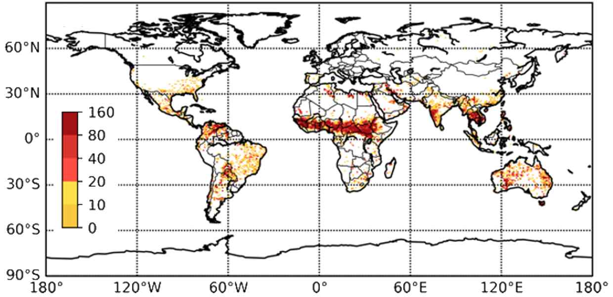 Global summary of active fire pixel counts detected by the Sentinel-3B satellite in January 2019. The scale shows the number of fire pixels detected in each 0.1° grid cell during that month. 
