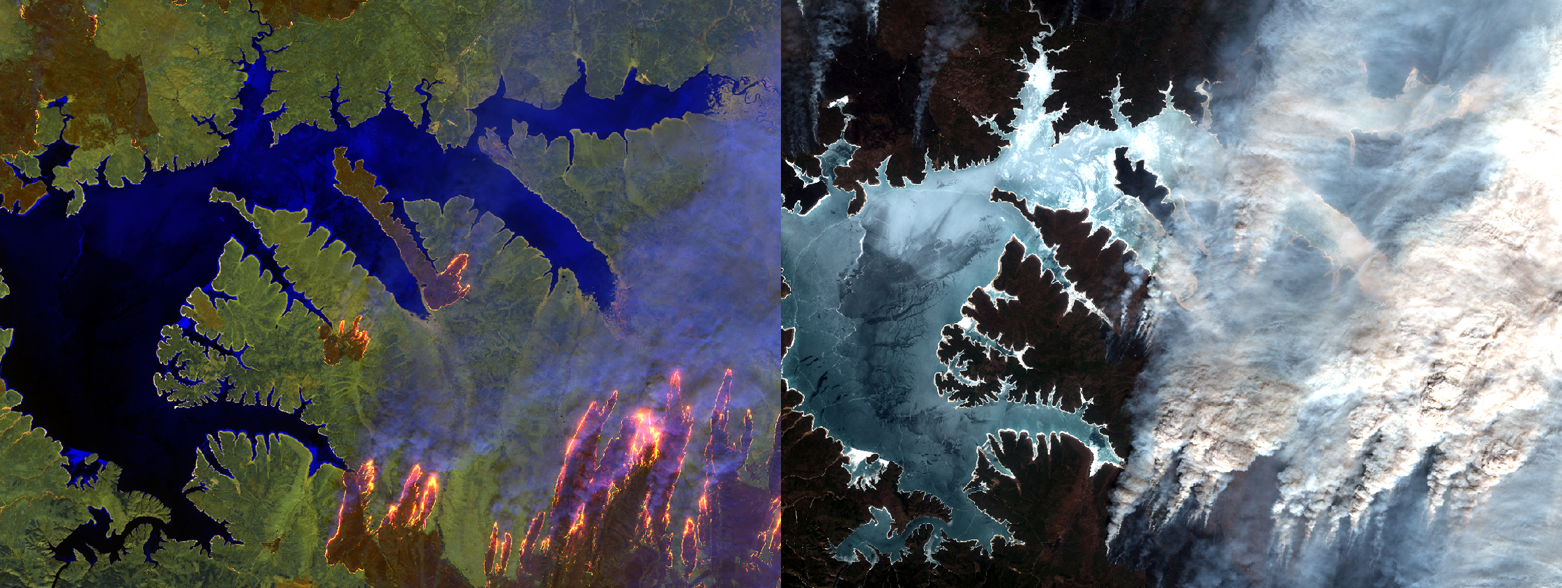 Here we see a Copernicus Sentinel-2 image of Siberian wildfires. The left rendition is produced with data from the infrared bands of the satellites multispectral imager (MSI), which allows us to view through the smoke and detect the intense infrared radiation being emitted by the highest temperature areas of the fire. The right image is a ‘natural colour’ rendition produced from the same MSI scene and which shows the extensive amount of particulate laden smoke being emitted by these fires.